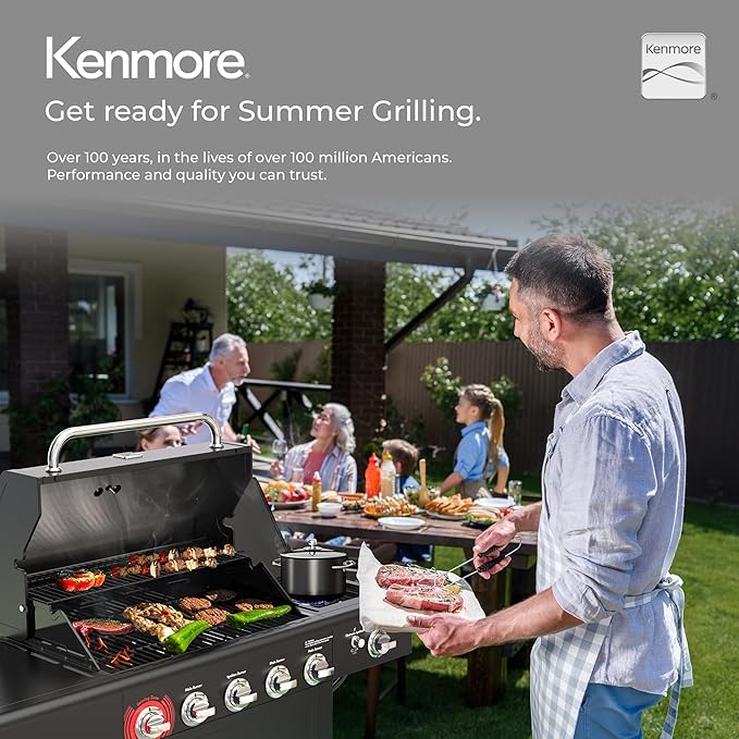 Kenmore BBQ Propane Gas Grill - 5 Burners with Side Burner & Searing Zone, 644 Sq. In. Stainless Steel Grill, 66,000 BTU, Ideal for Outdoor Cooking, Patio & Backyard, Black
