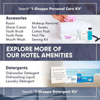 Personal Care Travel Toiletries | 1-Shoppe Amenities Kit | Travel Shaving Set, Toothbrush & Paste, Mouthwash, Makeup Wipes, Swabs, Nail File & Sewing Kit | 300 Pieces