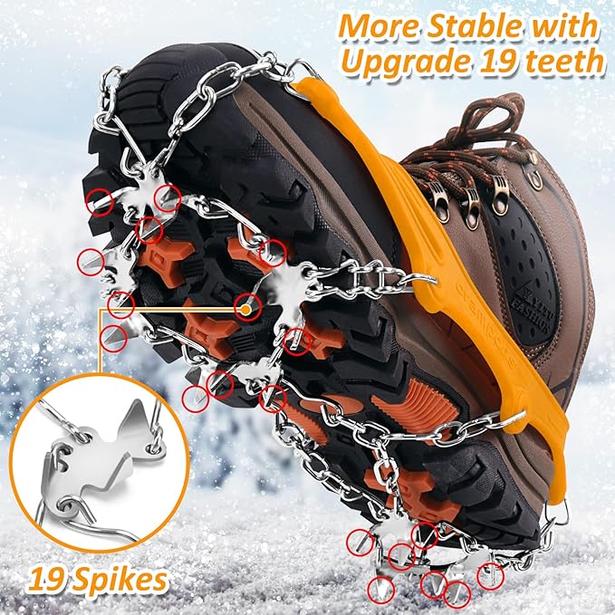 WIN.MAX Crampons for Shoes, Traction Cleats Ice Snow Grips with 19 Stainless Steel Spikes, Shoe Talons Anti - Slip Boots Spikes for Walking, Jogging, Climbing and Hiking