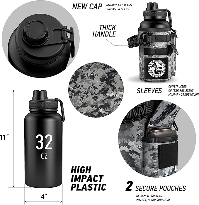 Combat Canteen - 32oz Insulated Water Bottle with Paracord Handle, Stainless Steel Water Jug with Rugged Pockets for Keys, Wallet & Phone - Black Digital