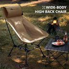 MOON LENCE Oversized Camping Chair for Adults, Height Adjustable High-Back Folding Camping Chair with 400 lbs Capacity, Hidden Pillow Pocket and Wide Seat for Camping, Hiking, Picnics, Khaki