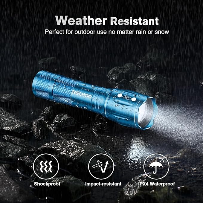 RECHOO LED Flashlight 2 Pack Blue, Tactical Flashlights High Lumens with 3 Modes, Pocket Small Flash Light, Waterproof Zoomable Flashlights for Home Emergency, Camping Essentials (Battery Included)