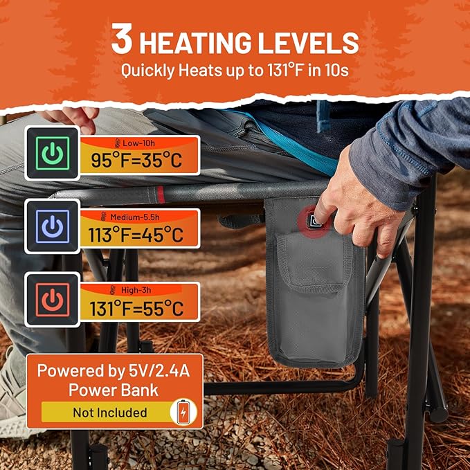 TIMBER RIDGE Heated Aluminum Oversized Camping Chair, Lightweight Portable Directors Chair with Side Table Detachable Side Pocket for Outdoor Camping, Lawn, Picnic, Support 400lbs Gray