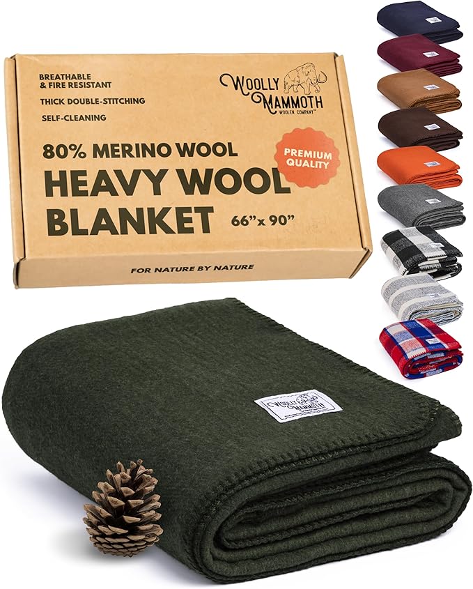Woolly Mammoth Woolen Company Merino Wool Throw Blanket - 66 x 90 in, Hunter Green - Heavyweight Breathable Camping Blankets - Insulated for Hammock Camping - Washable Wool for Hunting Essentials