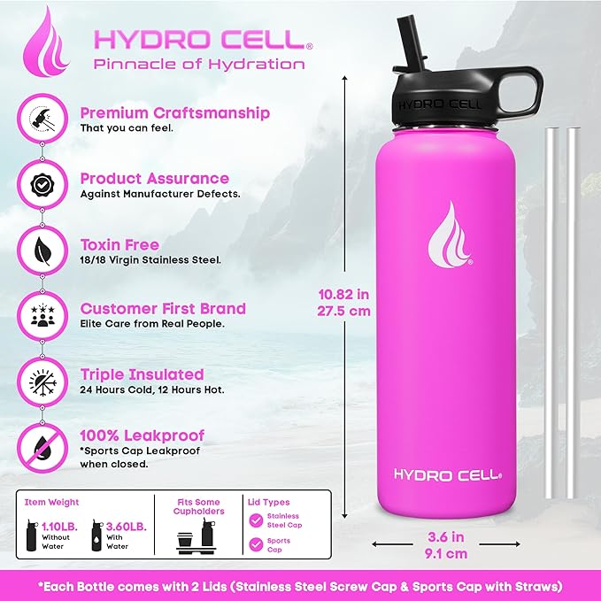 HYDRO CELL Stainless Steel Insulated Water Bottle with Straw - For Cold & Hot Drinks - Metal Vacuum Flask with Screw Cap and Modern Leakproof Sport Thermos for Adults (Fuchsia 40oz)