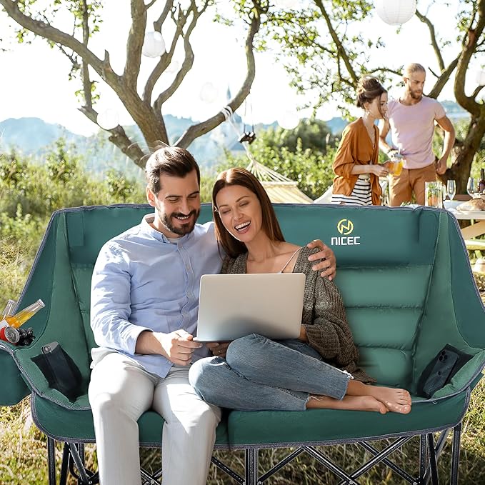Nice C Double Padded Camping Chair, Oversized Loveseat Camping Chair, Outdoor Camping Couch for Adults, Lawn Chairs, Extra Padded, with Cup Holder, Cooler Bag, Bottle Opener (Green)