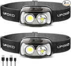 UFOND LED Headlamp 2-Pack,6 Modes Wide or Focused Beam,Rechargeable Headlight Motion Sensor USB Cable Included,Ajustable Headband Lightweight Waterproof Flashlight for Camping Hiking Running