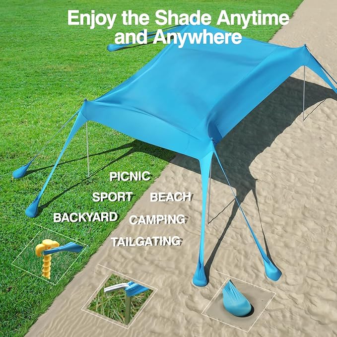 Rhino Valley Beach Tent Shade Canopy UPF50+ Protection, 8 Sandbags, 4 Stability Poles, Outdoor Sun Shelter Umbrella for Sand, Camping, Fishing Essentials