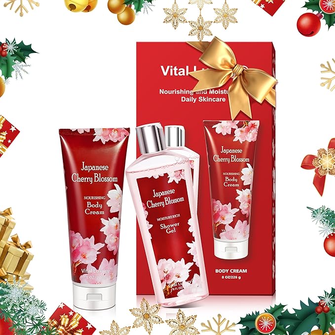 Japanese Cherry Blossom Bath and Body Set Shower Gel and Body Cream - Nourishing and Moisturizing Daily Skincare - 8 fl.oz / 236mL Each, Birthday Anniversary Wedding Gifts for Her and Him