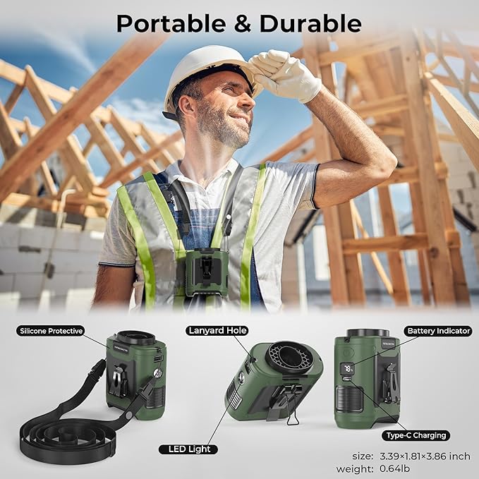 10000mAh Portable Waist Clip Fan, 40H Cooling Personal Wearable Fan, 5 Speeds 16000RPM Strong Belt Fan, Rechargeable Hands-free Neck Fan With Flashlight for Outdoor Jobsite Camping Traveling