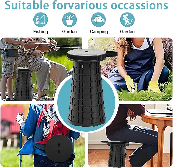 Portable Telescoping Stool, Retractable Folding Stool for Camping Garden Fishing Hiking Travel BBQ, Adjustable Collapsible Stools (Black)