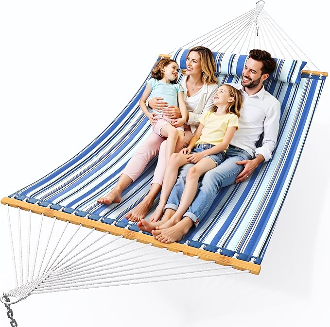 Double Hammock with Spreader Bar,Soft Pillow,Max Load 500lbs,Portable Hammock for Outdoor,Camping,and Backyard,Blue