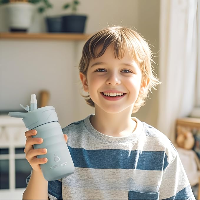IDEUS Insulated Water Bottle 12oz, Stainless Steel Insulated Water Bottle For School, Insulated Bottles With Straws Leakproof, Vacuum Double Wall Water Bottles For Boys And Girls With 2 Lids, BPA Free