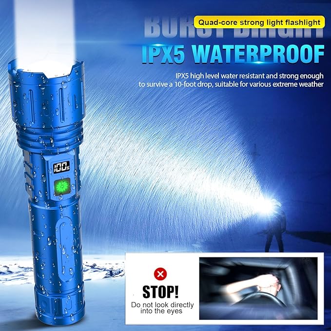 Flashlights High Lumens Rechargeable - 1500 Meters Long Beam Super Bright LED Flash Light with Power Display & IPX5 Waterproof for Camping, 20H Runtime,5 Modes,Zoomable Handheld Flashlight-Blue