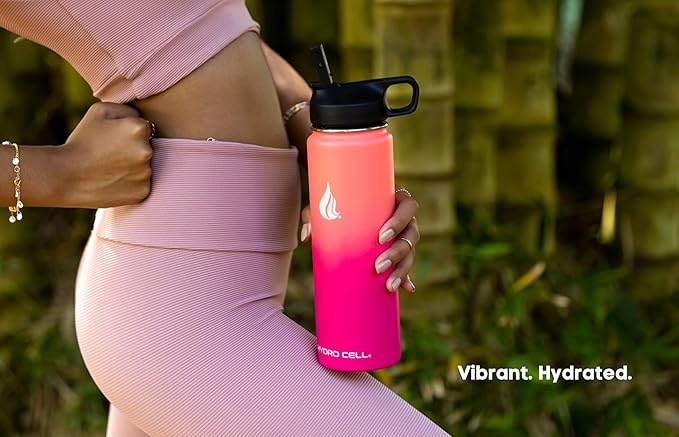 HYDRO CELL Stainless Steel Insulated Water Bottle with Straw - For Cold & Hot Drinks - Metal Vacuum Flask with Screw Cap and Modern Leakproof Sport Thermos for Adults (Coral/Punch 24oz)