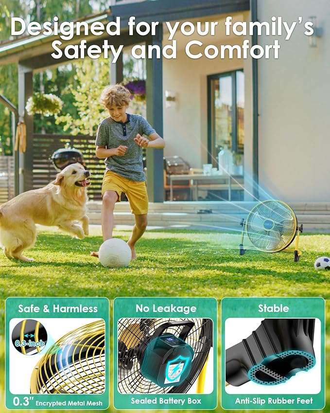 ZHULI 10" Portable Battery Operated Floor Fan, Rechargeable Cordless Camping Fan, Hi-Velocity Brushless Motor, Metal blade, USB Phone Charge, 8~60H Runtime, Quiet, Wireless, For Outdoor Home Workshop