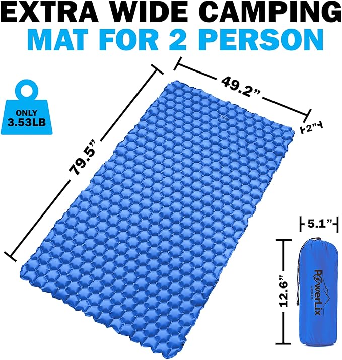 POWERLIX Double Inflatable Sleeping Pad - Camping Mattress for Backpacking, Hiking Traveling, Compact Camping Sleeping Mat for 2 Person, Portable Ultralight Camping Pad Air Mattress Blue