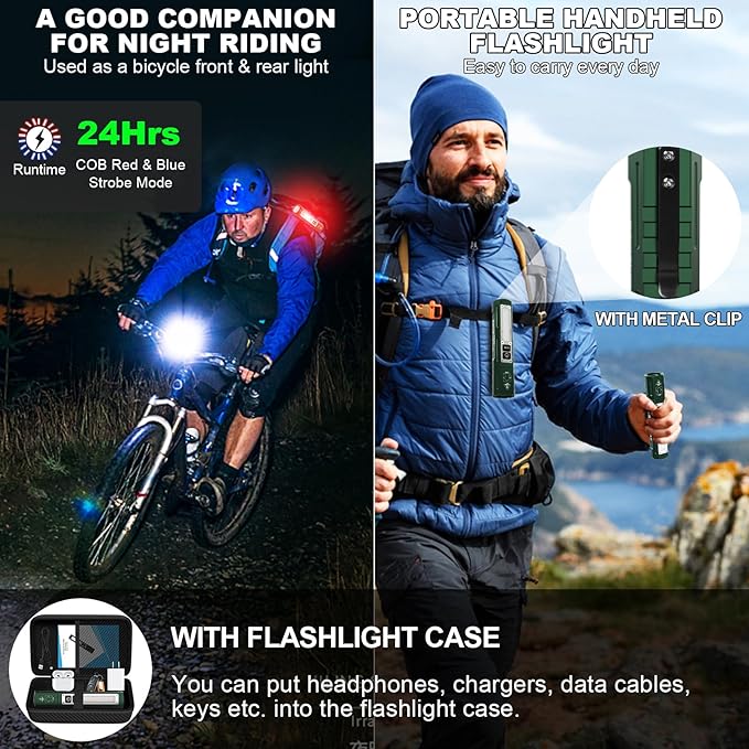 Rechargeable Flashlights High Lumens - Super Bright Small Pocket Magnetic Flashlight, 8 Modes LED Tactical Flash Light, Dual Button Powerful Flashlight for Camping (2, Hunter Green)