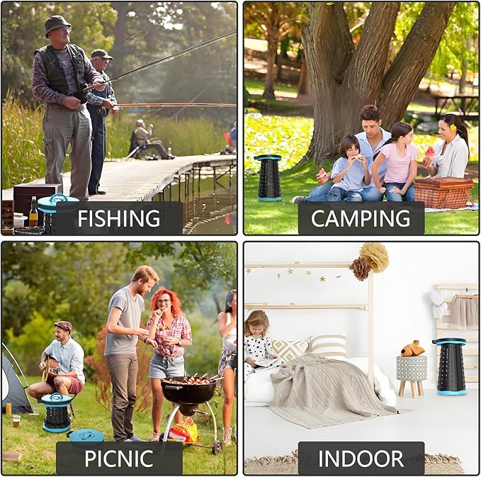 Upgraded Collapsible Stool with Max Load Capacity 330lbs Portable Telescoping & Folding Design Retractable Seat for Camping, Gardening, Fishing & Outdoor Adventures (Blue)