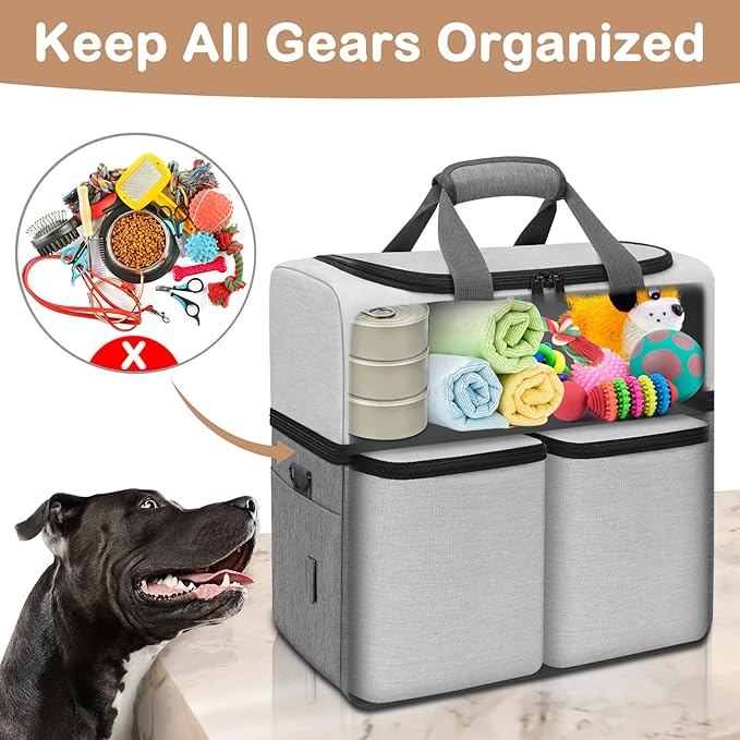 Mancro Dual Layers Dog Travel Bag, Pet Travel Bags with 2 Extra Large Food Containers, 2 Collapsible Dog Bowls, Multi-Pockets Tote Organizer for Pet Supplies, Road Trip Essentials, Weekend Camping