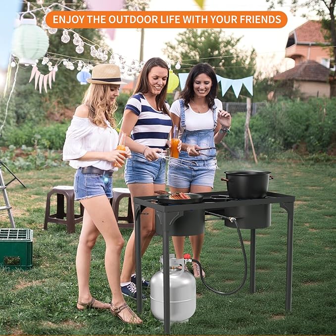 2 Burner Gas Stove, High Pressure Outdoor Propane Burner with Detachable Legs, 150,000 BTU Camping Stove Outdoor Burner with 0-20 PSI Regulator for Camping, Backyard, Outdoor Cooking