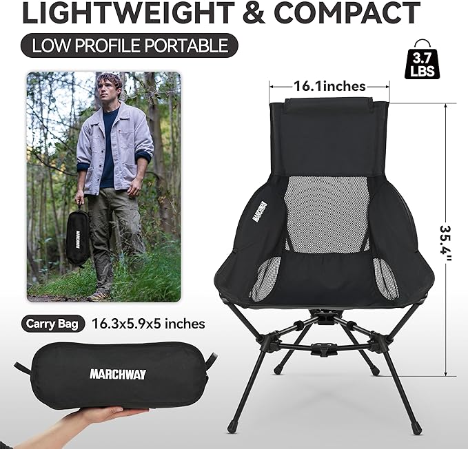 MARCHWAY Lightweight Folding High Back Camping Chair with Head Support, Stable Portable Compact for Outdoor Camp, Travel, Beach, Picnic, Festival, Hiking, Backpacking (Highback Black)