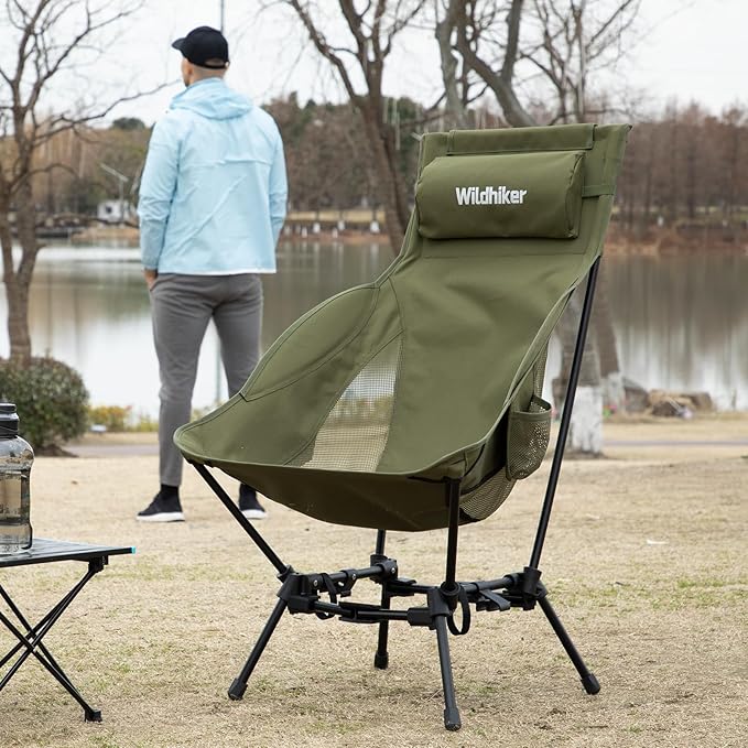 Wildhiker Portable High Back Folding Camping Chairs – Compact with Dual Sitting Modes, Pillow, Arm Pads and Side Pockets – Lightweight Chair for Motorcycle, RV, Festival, Travel – Green
