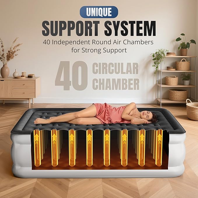 Queen Air Mattress with Built-in Pump, 18" Top Inflatable Mattress with Waterproof Flocking Fabric, Three-Minute Quick-Inflatable Bed. Portable Blow Up Mattress for Home, Outdoor and Guests