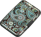 ELFISH Mini RFID Aluminum Wallet Credit Cards Holder Business Card Case Metal ID Case for Men Women (Blue flower)