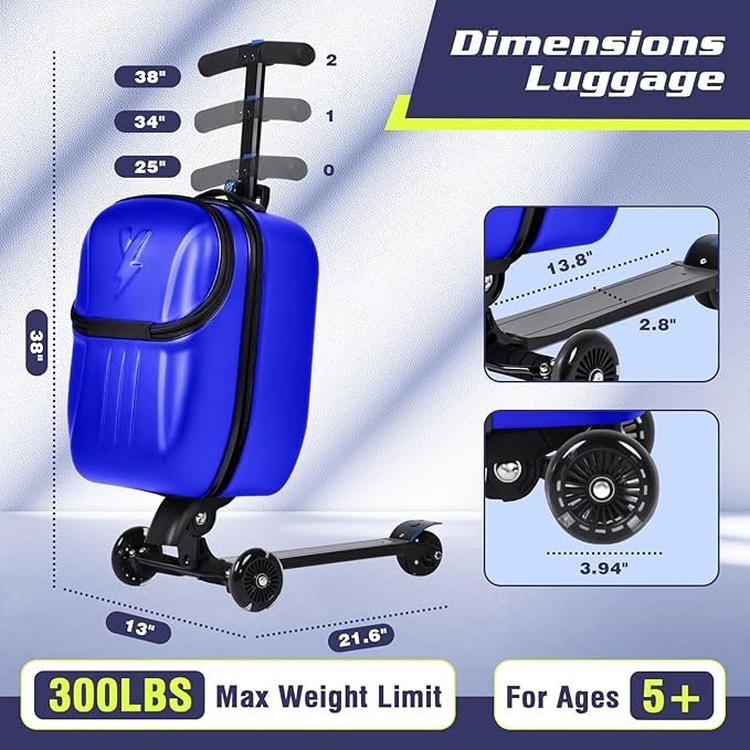 smilesun Foldable Ride On Scooter Suitcase with Front Opening, Lightweight Carry On Scooter Luggage for Adults, Teens & Kids（Blue 20-inch）
