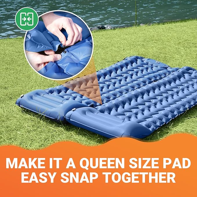 KingCamp Sleeping Pad for Camping, Ultralight Connectable Inflatable Sleeping Pad Camping Mattress with 6.3" Built-in Pillow & Foot Pump for Backpacking Hiking Tent Cot