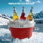 COKTIK 7L Vacuum Insulated Ice Bucket with Lid and Scoop& Tongs，Large capacity Stainless Steel Beverage Bucket for Cocktail, Champagne, Wine, Beer，Large Parties（Red Suit）