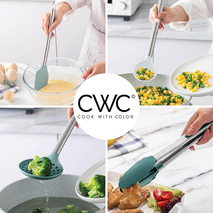 COOK WITH COLOR Silicone Cooking Utensils, Kitchen Utensil Set, Easy to Clean Silicone Kitchen Utensils, Cooking Utensils for Nonstick Cookware, Kitchen Gadgets Set, 10 Pieces, Teal