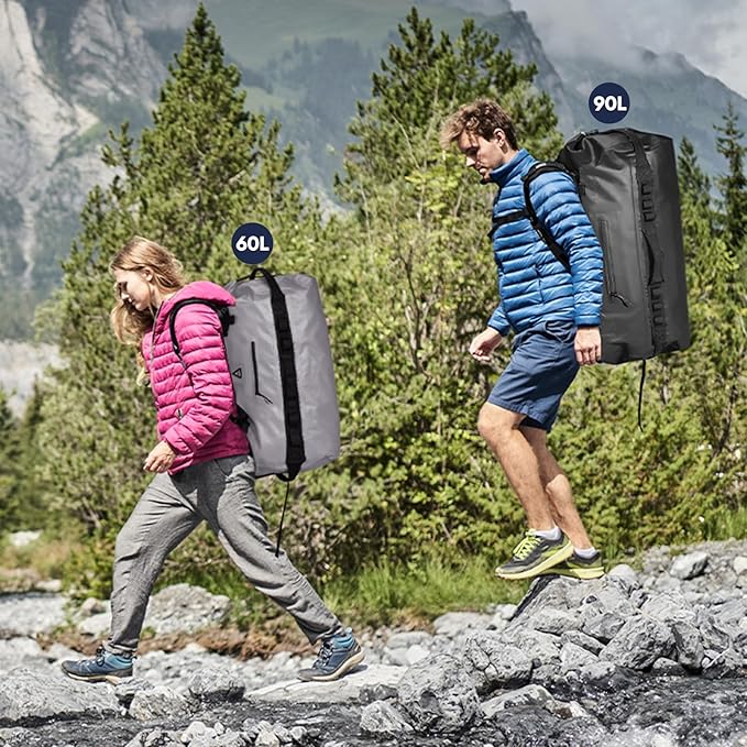 Haimont Large Waterproof Duffel Backpack Roll-Top Heavy Duty Dry Duffle Bag for Boating, Travel, Motorcycle, Kayaking, Camping, 60L