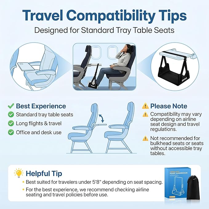 1 Pack Airplane Foot Hammock, No-Collapse Foot Hammock for Plane Travel, Thickened Bamboo Airplane Foot Rest, Adjustable Footrest for Office, Long Flight