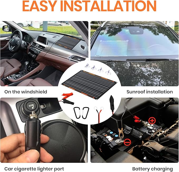 FlexSolar 20W 12V Solar Panel Battery Charger Maintainer Kits Trickle Charger with Built-in Charge Controller, Cig Plug, Alligator Clips, O-Rings OBDII Connector for Car, Truck,Tractor, Boat