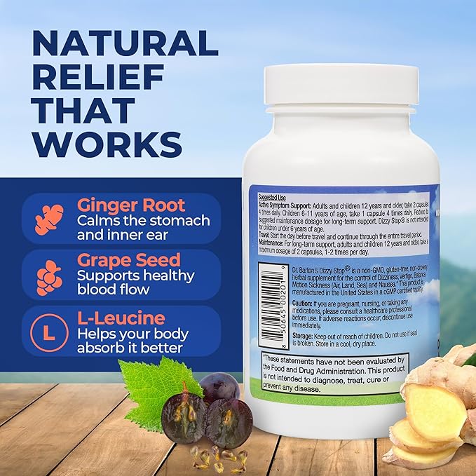 Vertigo Relief Product & Non‑Drowsy Motion Sickness Pills: Nausea and Dizziness, Ginger & Grape Seed Formula, Inner Ear Balance, Car, Cruise & Travel Essential, Stomach Support, Sea Sickness, 80‑Count