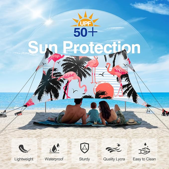 Rhino Valley Beach Tent Shade Canopy UPF50+ Protection, 8 Sandbags, 4 Stability Poles, Outdoor Sun Shelter Umbrella for Sand, Camping, Fishing Essentials
