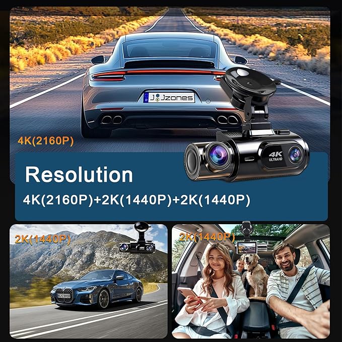 4K 3 Channel Dash Cam Front and Rear Inside, Built-in 5.8GHz WiFi GPS, 64GB Card Included, 4K+1440P+1400P Dash Camera for Cars, 3.0'' IPS Screen Dashcam with G-Sensor, 24H Parking Monitor,ADAS BSD