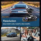 4K 3 Channel Dash Cam Front and Rear Inside, Built-in 5.8GHz WiFi GPS, 64GB Card Included, 4K+1440P+1400P Dash Camera for Cars, 3.0'' IPS Screen Dashcam with G-Sensor, 24H Parking Monitor,ADAS BSD