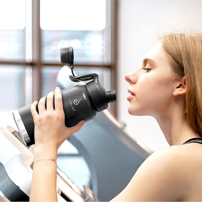 IDEUS Insulated Stainless Steel Water Bottle with 2 Leak-Proof Lids, Thermal Water Flask for Hiking Biking, 32oz, Black