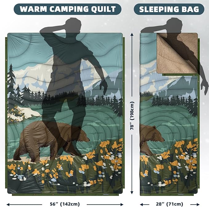 Outdoor Camping Blanket with Sherpa Lining, Extra Warm Thick Camp Blankets and Puffy Ultralight Soft Poncho DWR Camping Quilt for Cold Weather, Adventure, Sleeping, Backpacking 78"x 56"