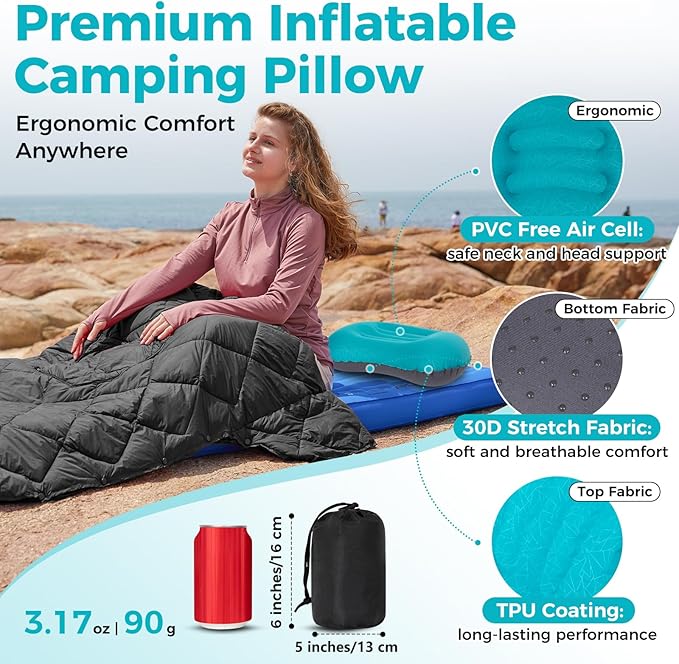 ATEPA Inflatable Camping Pillow, Ultralight Waterproof Travel Pillow with Ergonomic Support & Leak-Proof Air Valve, Compact Portable Pillow for Hiking Backpacking Tent Airplane Beach, Blue