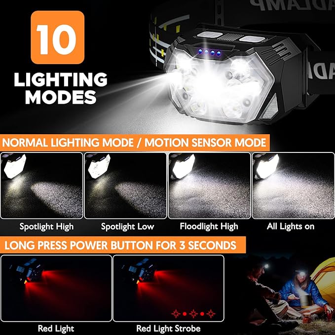 9 LED Headlamp Rechargeable 1 Pack, 2000 Lumens Super Bright Head Lamp with Red Light, 10 Modes, Motion Sensor and Adjustable, IPX5 Waterproof Headlight for Camping Hiking Running