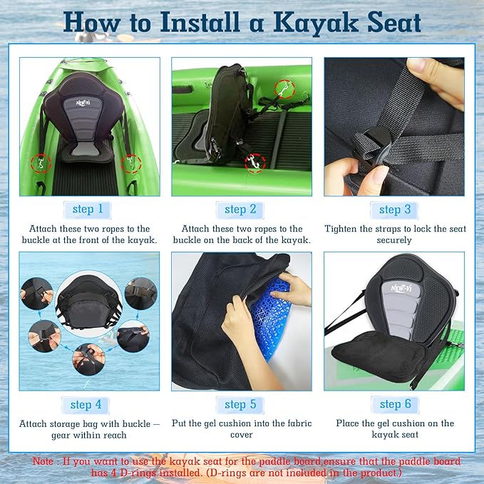 NEW-Vi Deluxe Kayak Seat with Gel Cushion & Storage Bag - Padded Ergonomic Backrest for Kayak, Canoe, SUP, Fishing Boat - Anti-Slip & Waterproof