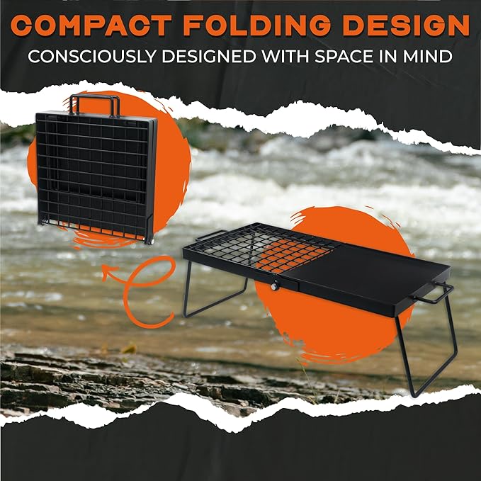 24" Heavy Duty Folding Campfire Grill, Food-Safe Cooking Surface, Compact Folding Design, Portable Grill Grate & Griddle for Campfire Cooking, Australian Designed & Owned