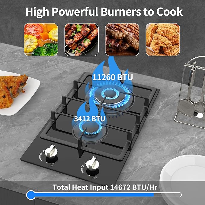 Gas Stove 2 Burner Propane Cooktop 12 inch, Nafewin Tempered Glass Portable Gas Cooktop Stove Burner with Thermocouple Protection, Lpg/Ng Dual Fuel Built-in Hob for Apartments, Outdoor, Rvs