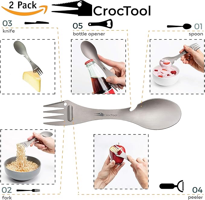 Spork Ultra Lightweight and Strong 5 in 1 Camping Utensil Set-Spoon+Fork+Knife+Peeler+Bottle Opener+Bag+Carry case. Ideal for Outdoors, Home or Office