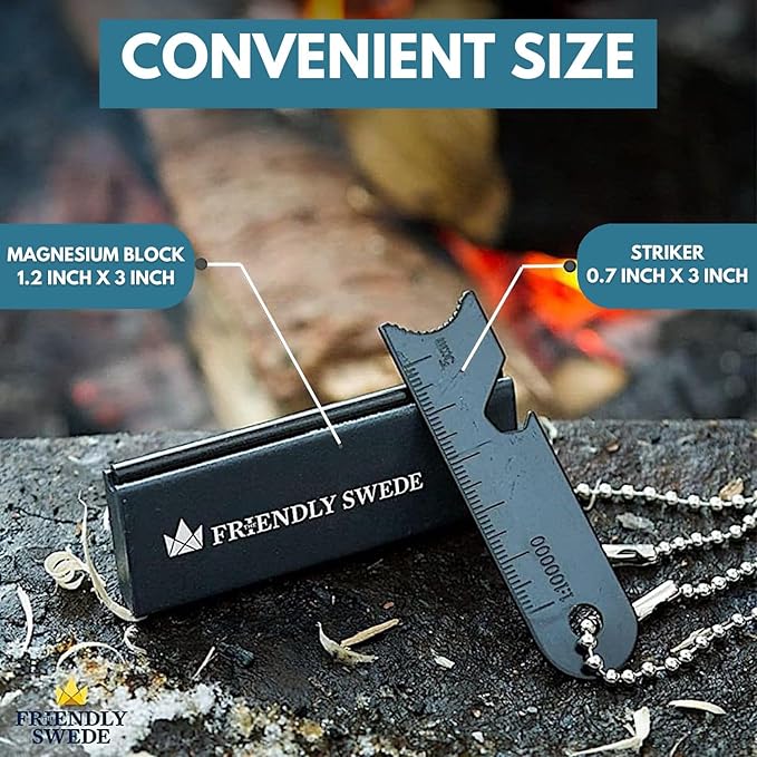 The Friendly Swede Magnesium Fire Starter Kit 3-Pack — Flint and Steel Fire Starter Survival Tool; Weatherproof Firestarter for Camping, Hiking & BBQs; Flint and Steel Magnesium Bar; 6-in-1 Striker