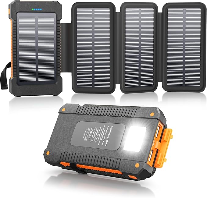 Solar Power Bank 38800mAh with 4 Solar Panels, Portable Charger USB C 18W Fast Charging for iPhone Samsung, IP67 Waterproof Outdoor External Battery Pack with Flashlight Light/SOS/Strobe